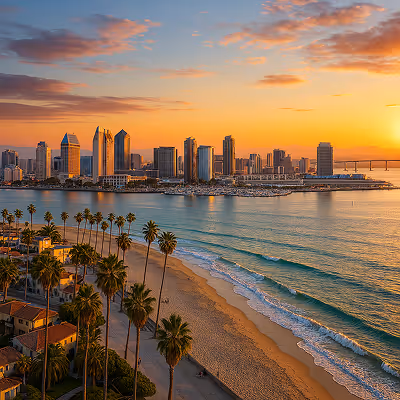 San Diego skyline at sunset with palm trees, beach, and ocean waves in the foreground.